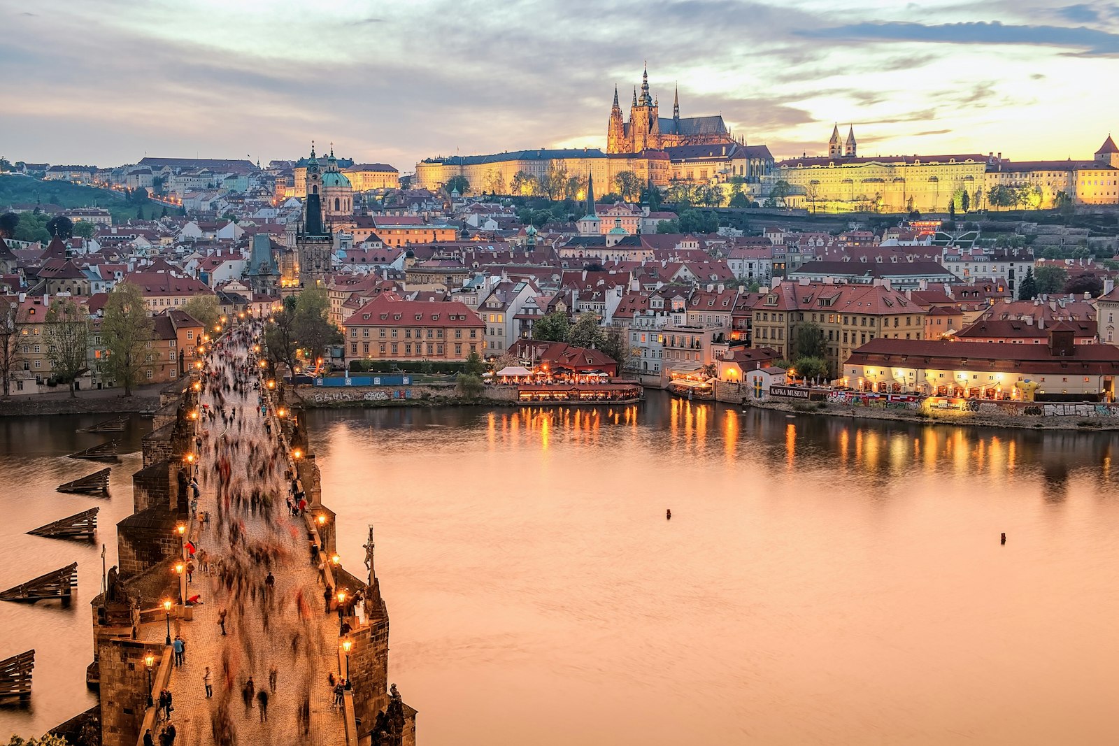 Charles Bridge and Prague Castle at golden hour